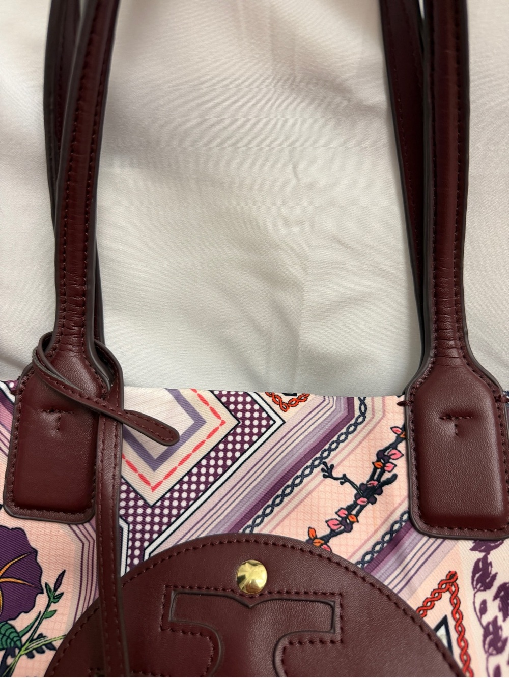 Tory Burch Large Ella Tote Geometric Floral Scarf Print Burgundy Leather Logo - Picture 14 of 15
